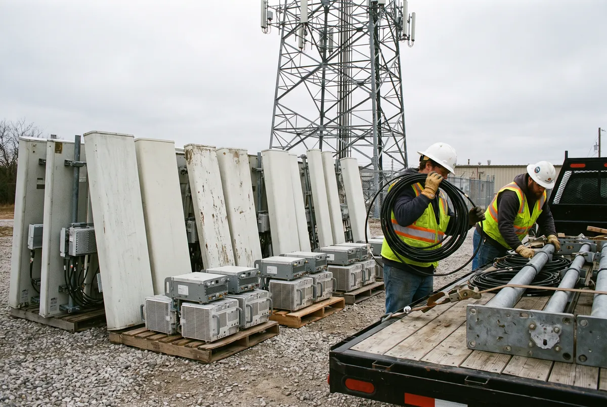 Crew loading removed panel antennas and radio equipment onto a flatbed truck with the tower in the background