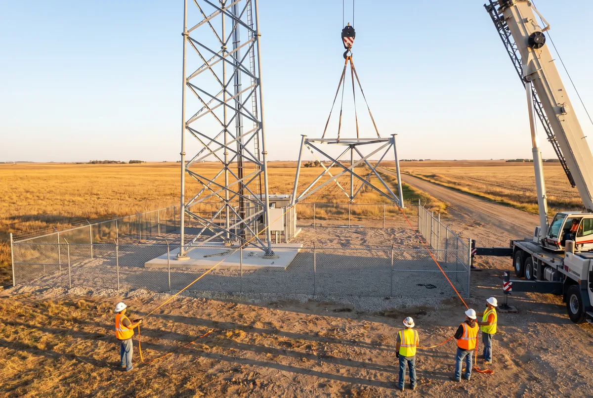 Mobile crane lifting a lattice tower section into place while a ground crew in hard hats and hi-vis vests guides it with taglines