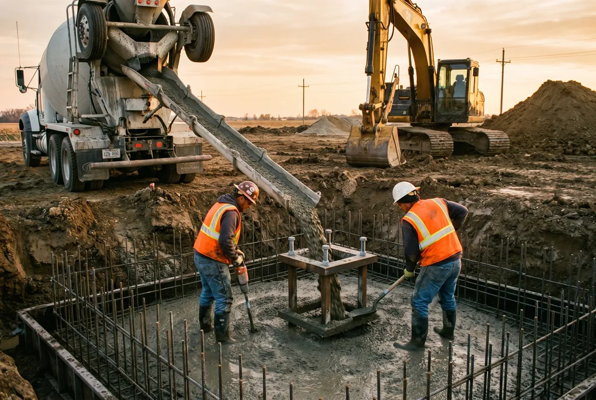 Concrete being poured into a rebar cage with anchor bolts at a tower foundation excavation, mixer truck and excavator on site