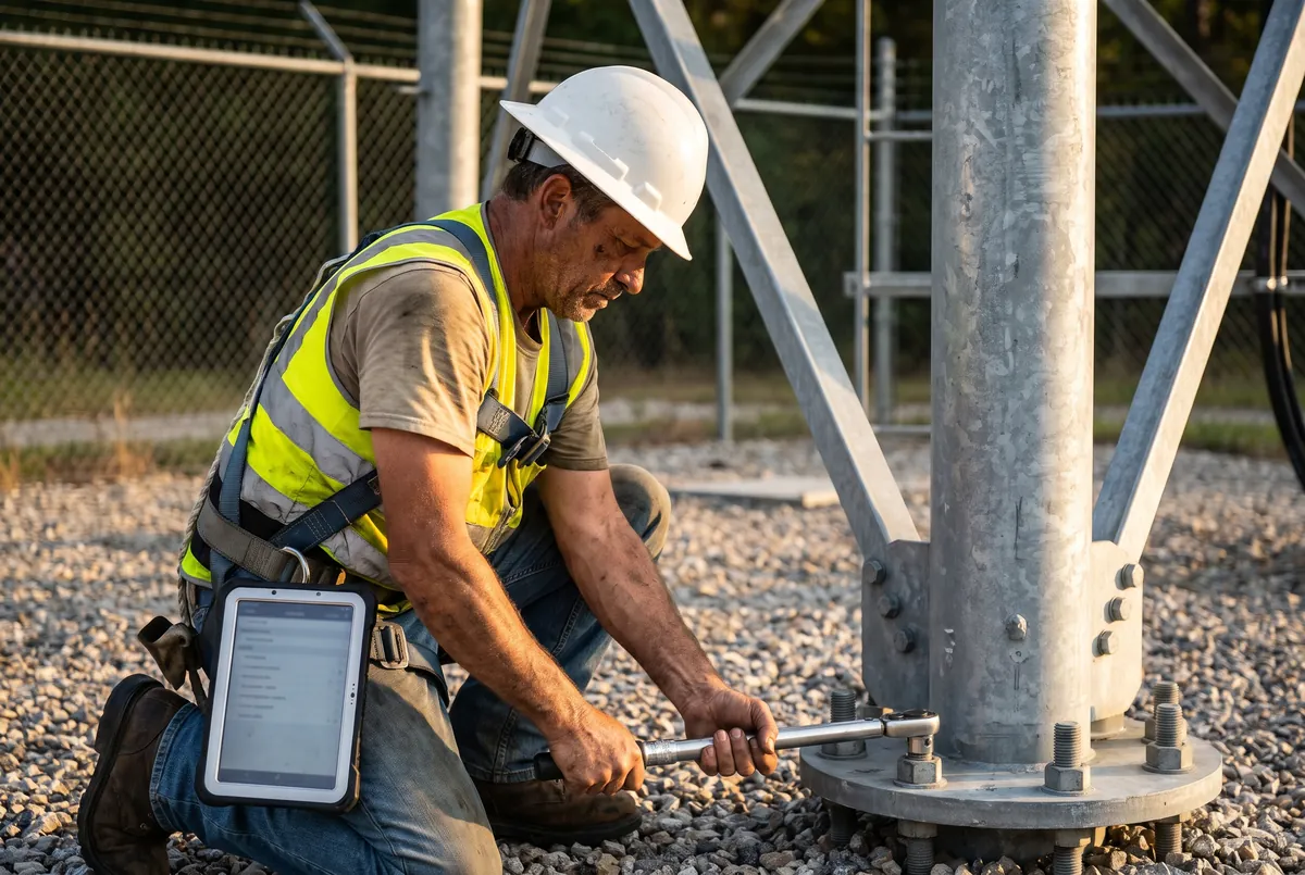 Technician torquing a base plate connection at a tower foundation with an inspection tablet on his belt