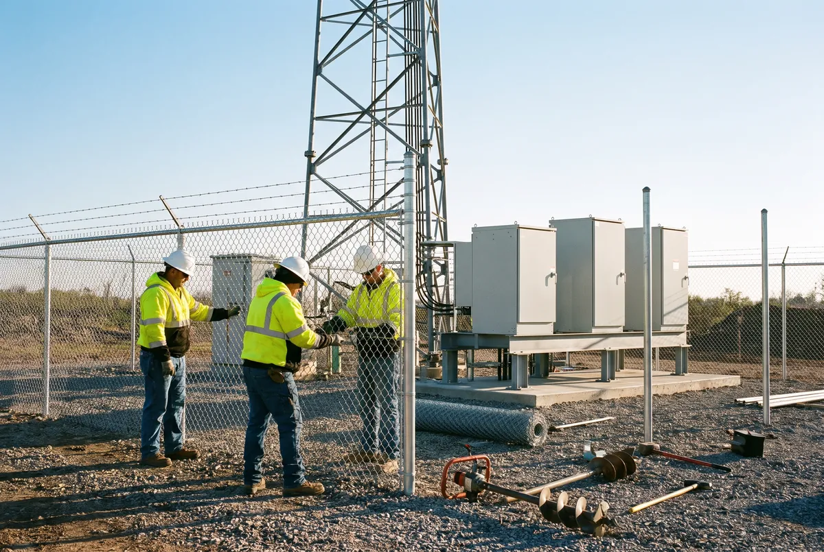 Technician on the ground at an equipment cabinet running a line test