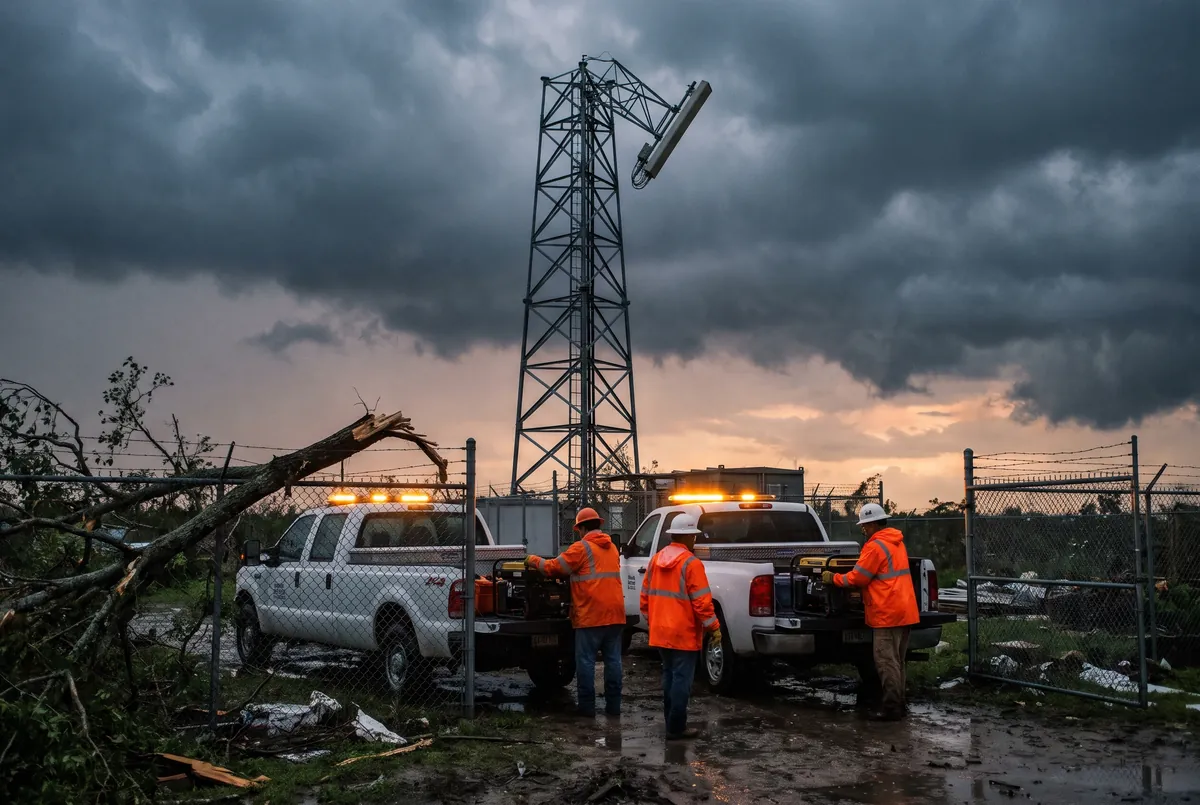 Storm-damaged lattice tower at dusk under dark storm clouds with crew trucks and amber emergency lights staged nearby